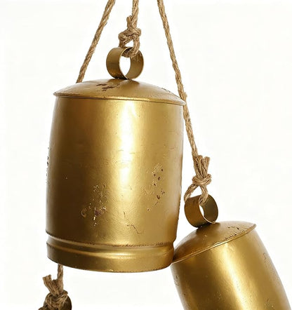 Vintage Gold Metal Cow Bells Set of 3 Handcrafted Hanging Bells with Jute Rope Rustic Farmhouse Distressed Bells for Porch Wreaths Walls & Year-Round Ranch Décor