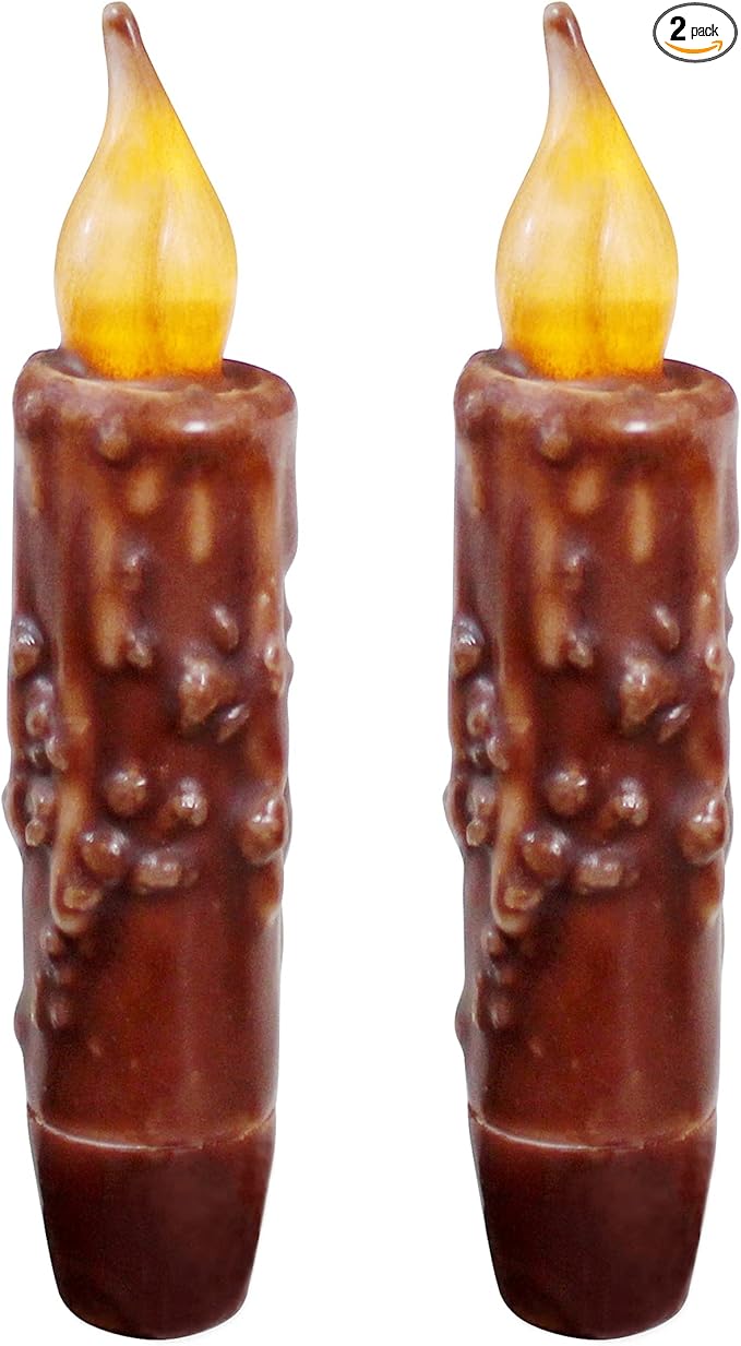 CVHOMEDECO. Real Wax Hand Dipped Battery Operated LED Timer Taper Candles Country Primitive Flameless Lights Décor, 4-3/4 Inch, Coffee, 2 PCS in a Package
