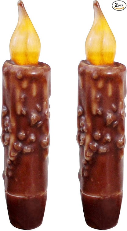 CVHOMEDECO. Real Wax Hand Dipped Battery Operated LED Timer Taper Candles Country Primitive Flameless Lights Décor, 4-3/4 Inch, Coffee, 2 PCS in a Package