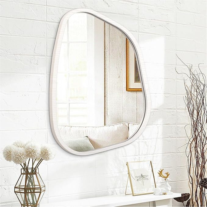 Asymmetrical Mirror Small 26"x18" Irregular Wall Mirror Modern Wood Frame Unique Shape Wall Mounted Vanity Artistic Mirror Decorative for Living Room Bedroom Bathroom Entryway Hallway