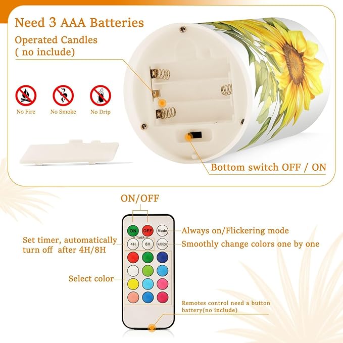 ALAZA Blooming Yellow Sunflowers Flickering Flameless Candles Battery Operated with Remote Timer,Tea Light Candles LED Pillar Votive Candles Set of 2 for Outdoor Indoor Decorations