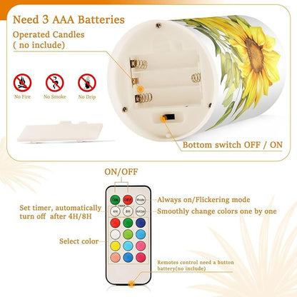 ALAZA Blooming Yellow Sunflowers Flickering Flameless Candles Battery Operated with Remote Timer,Tea Light Candles LED Pillar Votive Candles Set of 2 for Outdoor Indoor Decorations