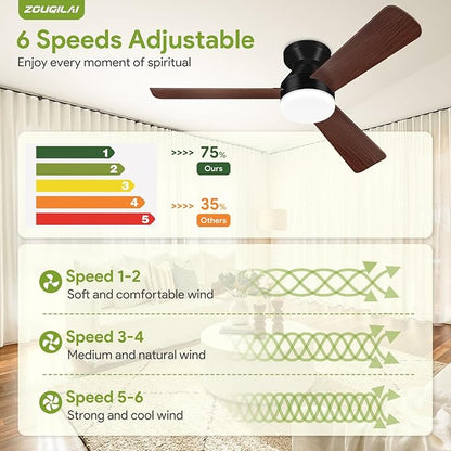 Ceiling Fans with Lights - 42 Inch Low Profile Ceiling Fan with Light and Remote, Reversible DC Motors, 3CCT Dimmable Noiseless, Black&Wood Flush Mount Ceiling Fan for Bedroom/Living Room