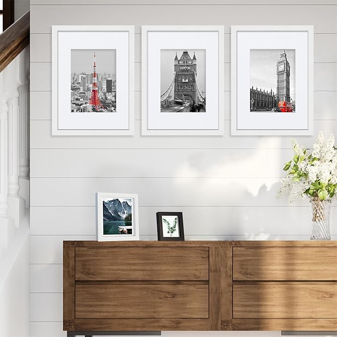 Hongkee 9x12 White Picture Frames set of 3, Made of Wooden and Glass Photo frame - Displays Picture 6x8 with Mat or 9 x 12 without Mat, Desktop & Wall Collage Frame set