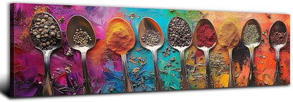 Colorful Spices Seasoning Spoon Canvas Wall Art Kitchen Wall Decor Large Abstract Seasoning Herb Picture for Dining Room Home Bar Decorations Watercolor Food Poster Contemporary Artwork 14x48”