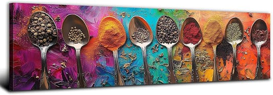 Colorful Spices Seasoning Spoon Canvas Wall Art Kitchen Wall Decor Large Abstract Seasoning Herb Picture for Dining Room Home Bar Decorations Watercolor Food Poster Contemporary Artwork 14x48”