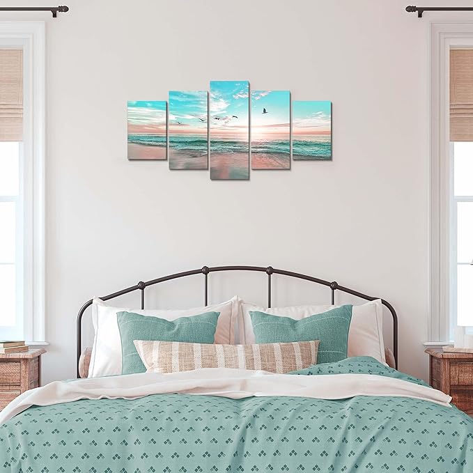 EPHANY Ocean Beach Sunset - Blue Sea Landscape Canvas Wall Art, 5 Pieces, Living Room Wall Picture (D-5pcs,60"x30")