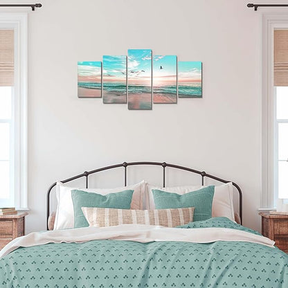 EPHANY Ocean Beach Sunset - Blue Sea Landscape Canvas Wall Art, 5 Pieces, Living Room Wall Picture (D-5pcs,60"x30")