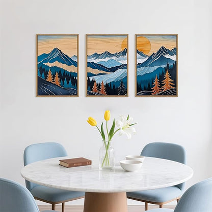 Celestdeco Boho Vintage Mountain Framed Canvas Wall Art Set,Blue Abstract Ridge Wall Decor,Woodcut Pine Tree Landscape Wall Painting, Sunrise Forest Art Print for Living Room,Bedroom,Office - 24"X36"X3