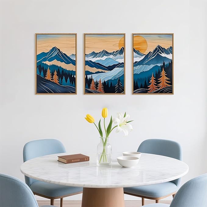Celestdeco Boho Vintage Mountain Framed Canvas Wall Art Set, Blue Abstract Ridge Wall Decor, Woodcut Pine Tree Landscape Wall Painting, Sunrise Forest Art Print for Living Room, Bedroom, Office - 16"X24"X3