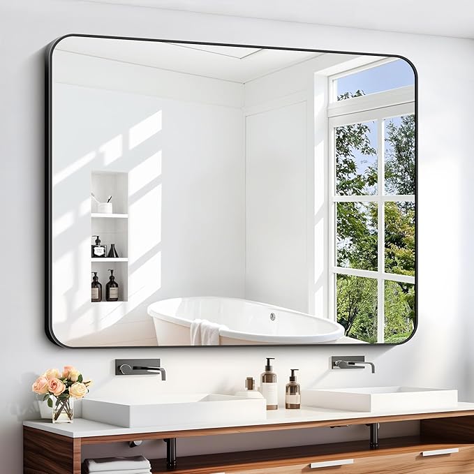 DESBING 40" x 48"Bathroom Mirror, Matte Black Wall Mirror with Metal Frame, Decorative Rectangular Vanity Mirror for Bedroom Bathroom Living Room Entryway (Horizontal/Vertical)