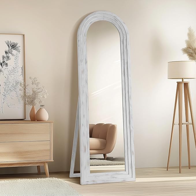 MELOMOIR Arched Full Length Mirror with Solid Wood Frame, 64"x21" Rustic Farmhouse Floor Mirror with Stand, Free Standing Leaning Hanging, for Bedroom Living Room Dressing Room, Weathering White