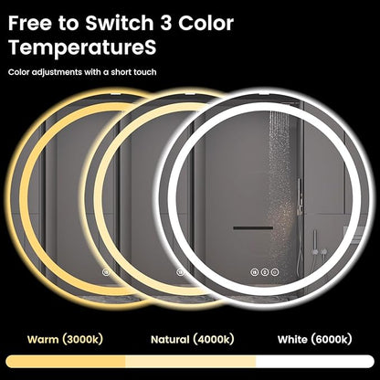 Round LED Bathroom Mirror with Lights, Backlit & Front Lighted, Wall-Mounted Vanity Mirror 3000K/4000K/6000K, Memory Functions, Anti-Fog, Dimmable Smart Mirror (Round 30" x 30")