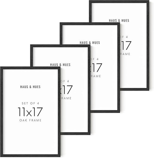 HAUS AND HUES 11x17 Black Oak Frame Set of 4 - Poster Collage Holders, Wooden Wall Display