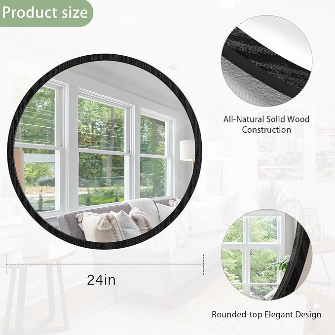 JJUUYOU Large Circle Wall Mirror 24 Inch for Home Decor Round Mirror for Bathroom Black Wall Mounted Wood Frame Mirrors for Living Room Bedroom Washroom Dorm