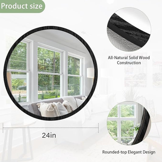 JJUUYOU Large Circle Wall Mirror 24 Inch for Home Decor Round Mirror for Bathroom Black Wall Mounted Wood Frame Mirrors for Living Room Bedroom Washroom Dorm