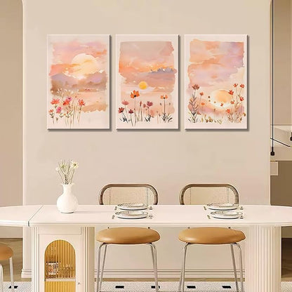 Eysintum 3 Panel Sunset Wall Art Wildflower Canvas Print Pink Floral Nature Landscape Painting Watercolor Boho Wall Decor for Bedroom Living Room 16x24in Ready to Hang