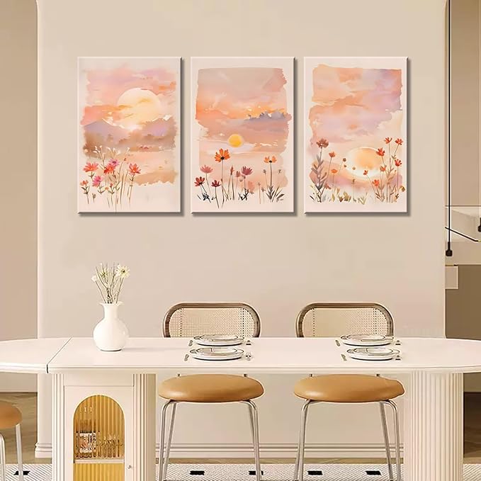 Eysintum 3 Panel Blush Sunset Wall Art, Watercolor Floral Canvas Prints, Wildflower Landscape Artwork, Boho Aesthetic Pink Nature Decor for Bedroom Living Room Home Office, Rustic Botanical Art, Ready to Hang 12x16in