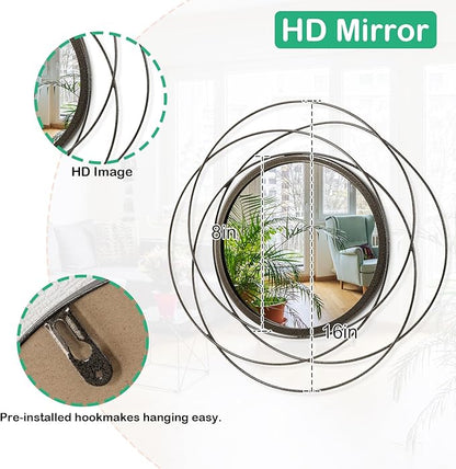 Wall Mirror Mounted Small Round Decorative Mirrors, Circle Metal Art Mirror Home for Bathroom Vanity, Living Room or Bedroom 16”
