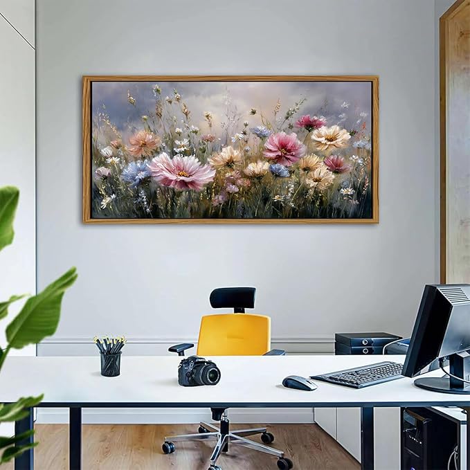 Vintage Framed Canvas Wall Art Pink Wildflower Picture for Living Room Extra Large Countryside Medow Scenery Painting Print Modern Artwork Farmhouse Abstract Flower Poster Office Home Decoration 35x70