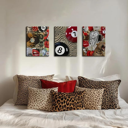 Trendy Leopard Cheetah Wall Art Set of 3, Black Woman Wall Decor Paintings Black Teen Girl Music 8 Ball Poster Canvas Prints Aesthetic for Bedroom Living Room Dorm 16x24 inch Framed