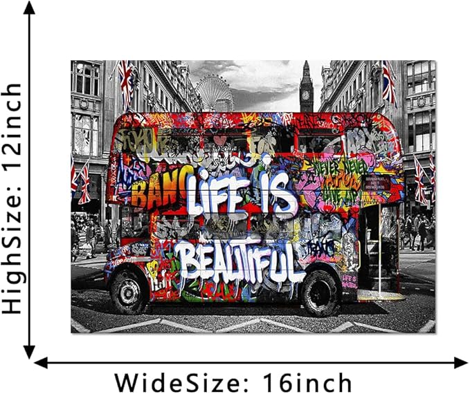 Banksy Street Art Mural Colorful Graffiti Bus Canvas Wall Art Life is Beautiful Pop Art Modern Framed Canvas Wall Art Decor for Room Living Room Bedroom Walls Easy to Hang 16x12 Inch