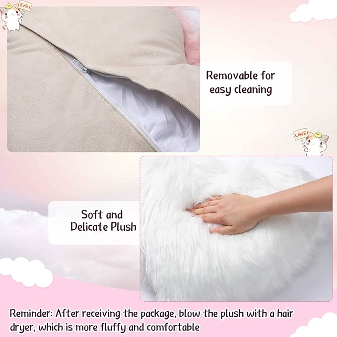 Enhon 2 Pcs Fluffy Heart Pillows Faux Fur Heart Shaped Plush Pillow Soft 20 x 15.7 Inch Love Throw Pillows with Insert for Decorative Office Home Bedroom Living Room Sofa(White)