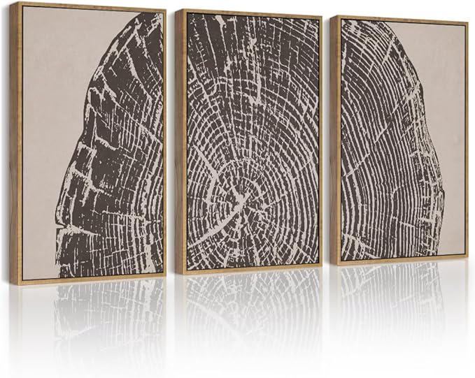 PHOPAGO Farmhouse Vintage Framed Wall Art Set Gray Wood Tree Ring Spirals Nature Abstract Drawings Rustic Modern Art Decor for Living Room Bedroom - 11x14in Natural Framed