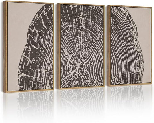 PHOPAGO Farmhouse Vintage Framed Wall Art Set Gray Wood Tree Ring Spirals Nature Abstract Drawings Rustic Modern Art Decor for Living Room Bedroom - 11x14in Natural Framed