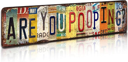 Are You Pooping - Humorous Metal Tin Sign - Rustic Bathroom Wall Art for Home, Cabin, Farmhouse Décor - 4x16 Inch