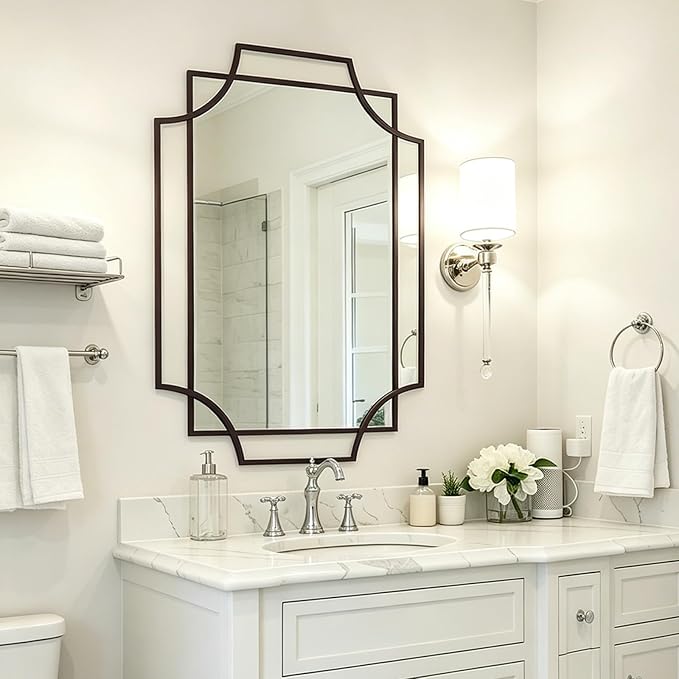 Black Wall Mirrors for Decor, 40''X28'' Large Bathroom Mirror for Vanity with Black Metal Frame, Modern Scalloped Mirror for Entryway, Dining Room, Living Room