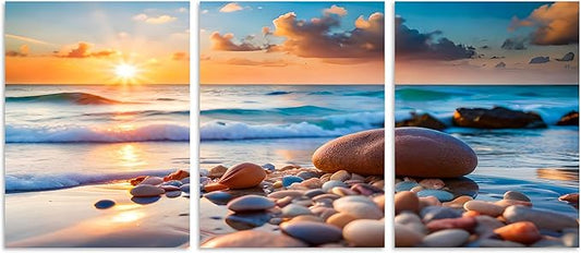 TutuBeer 3 Panels Sea Pictures for Wall Pictures of the Beach Blue Sea Sunset White Beach with Stone Print on Canvas Ocean Picture Wall Decor for Home Decor Decoration Ready to Hang 12x24inchx3