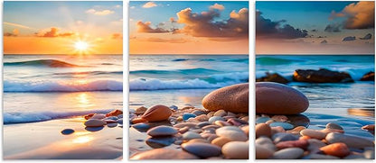 TutuBeer 3 Panels Sea Pictures for Wall Pictures of the Beach Blue Sea Sunset White Beach with Stone Print on Canvas Ocean Picture Wall Decor for Home Decor Decoration Ready to Hang 16x24inchx3