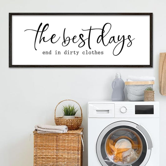 Laundry Room Wall Decor 32"×12" The Best Days End In Dirtiest Clothes Sign Funny Modren Bathroom Large Plaque Wood Framed Wall Hanging Art (Black)