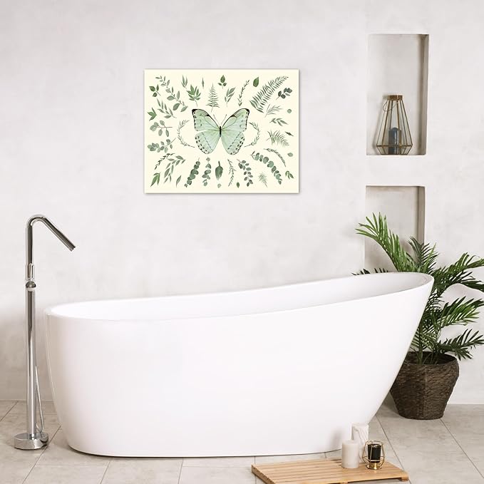 LB Sage Green Butterfly Wall Art Watercolor Leaf Eucalyptus Leaves with Butterfly Canvas Wall Art Green Plant Wall Decor for Living Room Bedroom Bathroom Framed Ready to Hang 16L x 20W Inch