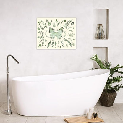 LB Sage Green Butterfly Wall Art Watercolor Leaf Eucalyptus Leaves with Butterfly Canvas Wall Art Green Plant Wall Decor for Living Room Bedroom Bathroom Framed Ready to Hang 16L x 20W Inch