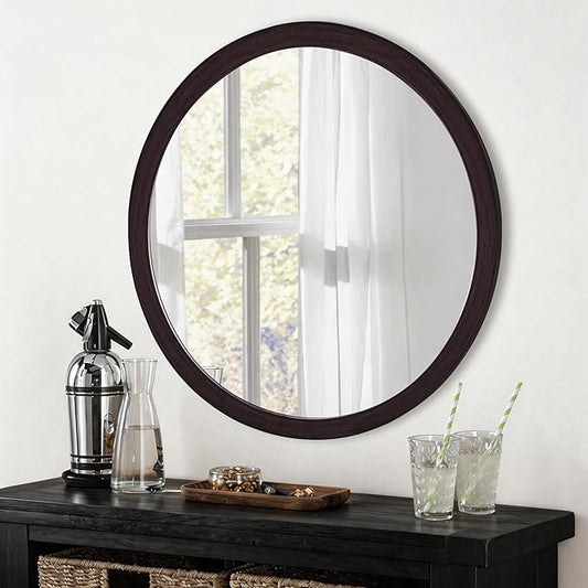 CULER Round Mirror 36 Inch,Wood Rustic Bathroom Tempered Wall Mirror with Wood Frame,Farmhouse Wooden Vanity Circle Mirror for Living Room,Entryway or Bedroom（Dark Walnut Brown）