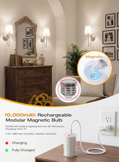 CLOUDY BAY 10000mAh Battery Operated Wall Sconces,Up to 100 Hours with Rechargeable RGB Dimmable Magnetic Bulb,Cordless Wall Lighting Fixtures with Remote for Bedroom,Brushed Nickel,2 Pack-15.4in
