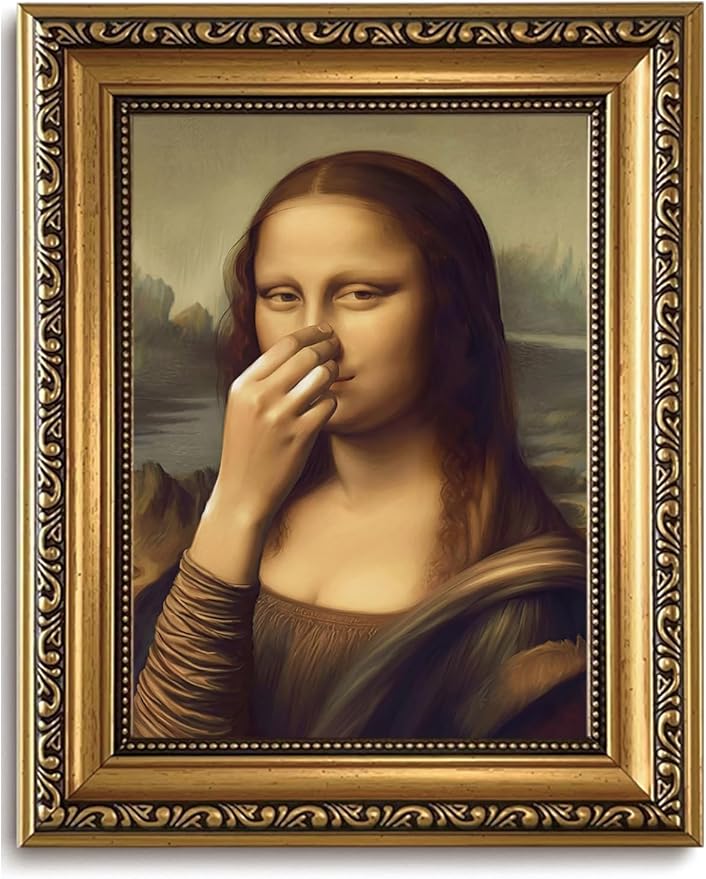 WZGZXU Vintage Gold Framed Wall Art Monalisa Holding Her Nose Wall Decor Monalisa Bathroom Canvas Art Funny Toilet Pictures Humor Imitation Paintings Ptints For Toilets Bathroom