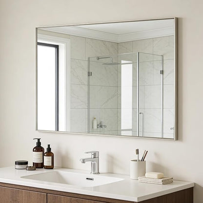 Bathroom Mirror for Wall, 30x40 Inch Metal Framed Mirror, Brushed Nickel Rectangle Mirror, Bathroom Vanity Mirror Farmhouse, Tempered Glass, Anti-Rust, Hangs Horizontally or Vertically