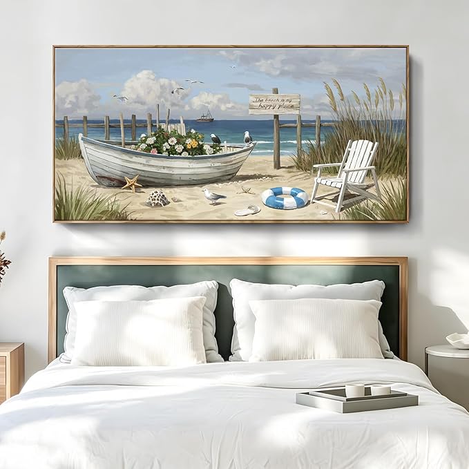 Large Framed Modern Nature Wall Art, Canvas Beach Coastal Landscape Print, Blue Ocean Seaside Decor Painting For Living Room Bedroom Office Dining Room Hallway, Ready To Hang 58X29 Inch