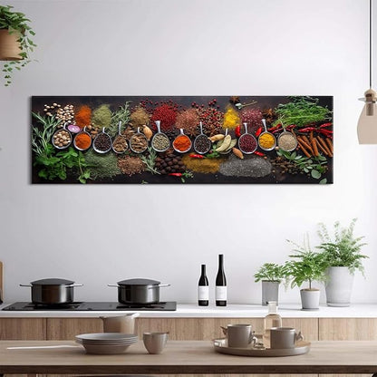 Large Colorful Kitchen Wall Art Spices Herb Food Picture for Dining Room Wall Decor Seasoning Herb Spoon Canvas Prints Poster Vintage Modern Family Bar Painting Artwork Home Decorations 14x48”