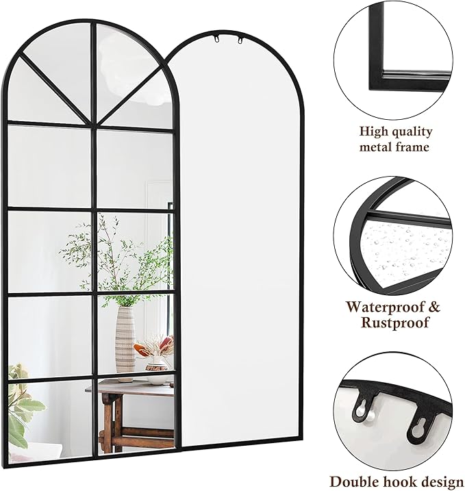 Prywot Full Length Mirror, 65"x22" Arched Window Pane Mirrors for Wall Decor, Black Full Body or Wall Mounted Mirrors, Farmhouse Standing Mirror Hanging or Leaning for Living Room, Entryway, No Stand