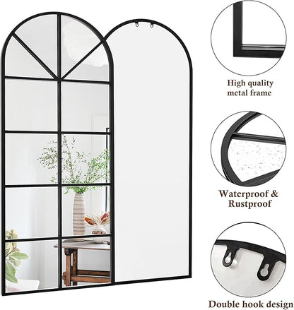Prywot Full Length Mirror, 65"x22" Arched Window Pane Mirrors for Wall Decor, Black Full Body or Wall Mounted Mirrors, Farmhouse Standing Mirror Hanging or Leaning for Living Room, Entryway, No Stand