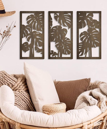 Putuo Decor 3-Piece Tropical Leaf Wood Wall Art Set, Palm Leaf Wall Hanging Decor for Bedroom Living Room Bathroom Balcony Decor