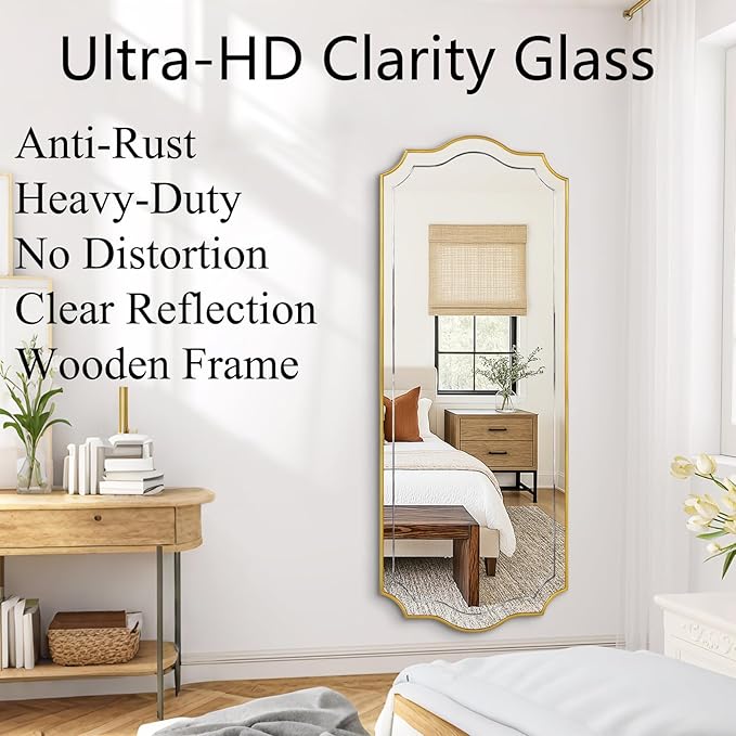 POZINO Large Scalloped Mirror, 63"x24" Rectangle Full Length Mirror with Gold Wood Frame, Modern Aesthetic Wavy Wall Mirrors for Living Room Bedroom Hallway Entryway, Horizontal or Vertical Hanging