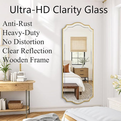 POZINO Large Scalloped Mirror, 63"x24" Rectangle Full Length Mirror with Gold Wood Frame, Modern Aesthetic Wavy Wall Mirrors for Living Room Bedroom Hallway Entryway, Horizontal or Vertical Hanging