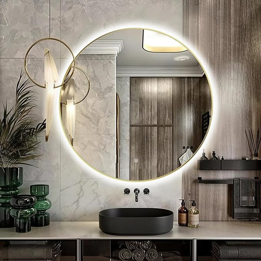 30" Round LED Bathroom Mirror, Wall Mounted Round Backlit Mirror LED Bathroom Vanity Mirror with Light Fog Free Circle Lighted Mirror with Shiny Gold Frame, Smart Light up Mirror 3-Color