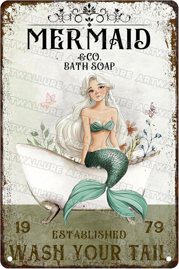 Mermaid Bathroom Tin Sign “Wash Your Tail” - Funny Metal Wall Art, Vintage 8x12 Inch Decor for Seaside, Beach House & Shower Bathroom Toilet Hotel