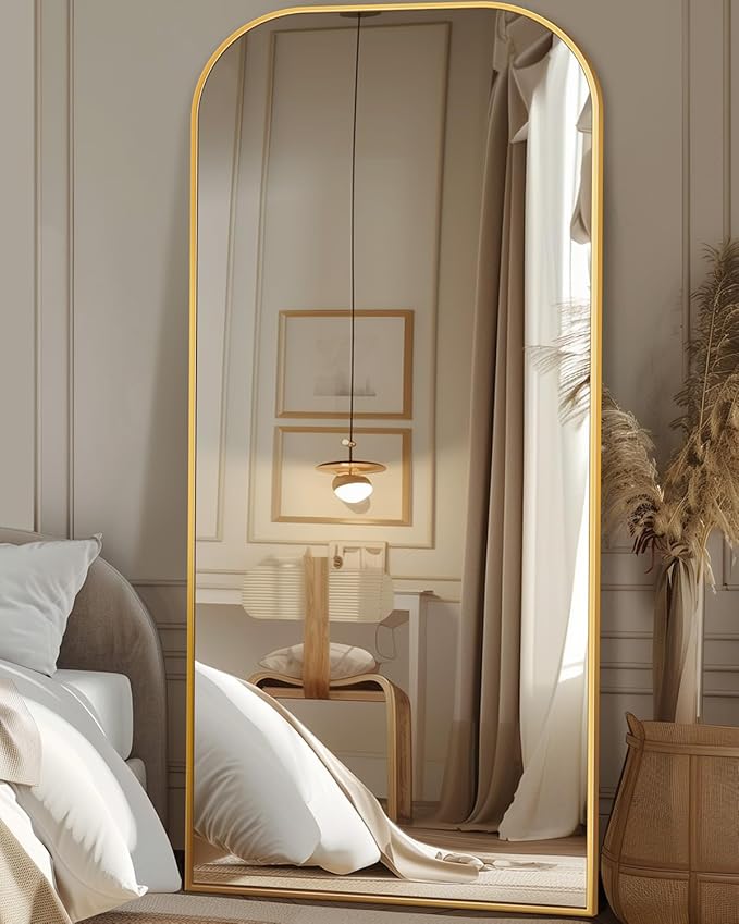 Antok Full Length Mirror, 71"x32" Floor Mirror Freestanding, Arched Floor Standing Large Mirror Full Body Mirrors with Stand for Bedroom, Hanging Mounted Mirrors for Living Room, Gold